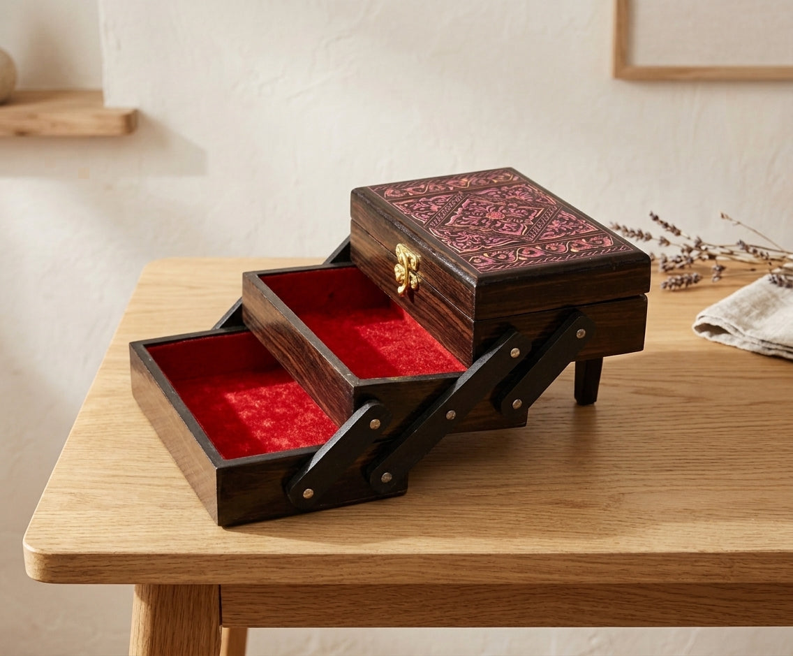 Multi-Layer Wooden Jewellery Box – Handmade Sheesham Wood | Zaylwood