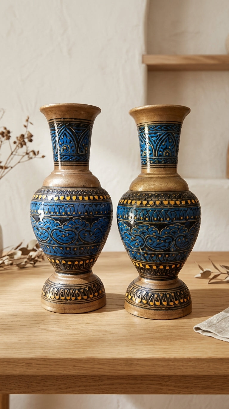 Set of 2 Naqshi Floral Vases – Handmade Sheesham Wood | Zaylwood