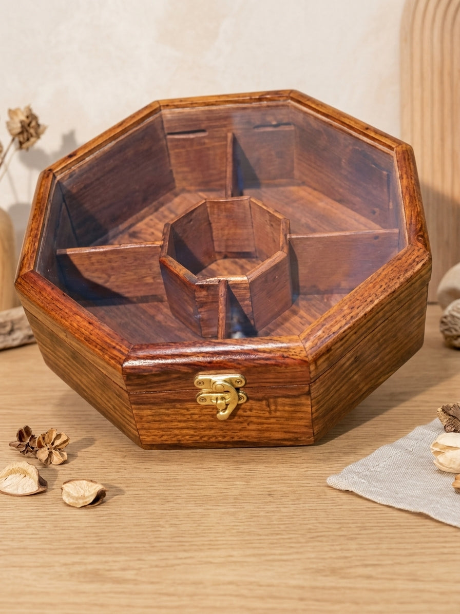 Octagon Dry Fruit Serving Box – 5 Fixed Compartments – Handmade Sheesham Wood | Zaylwood
