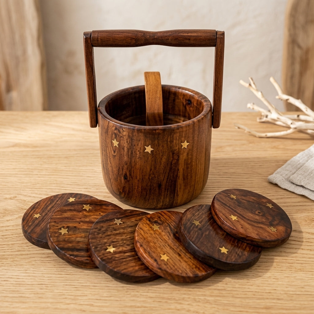 6-Piece Tea Coaster Set with Holder – Solid Handmade Sheesham Wood | Zaylwood