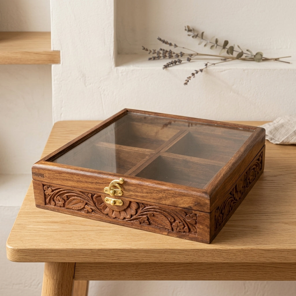 Hand-Carved Spice Box – Handmade Sheesham Wood | Zaylwood