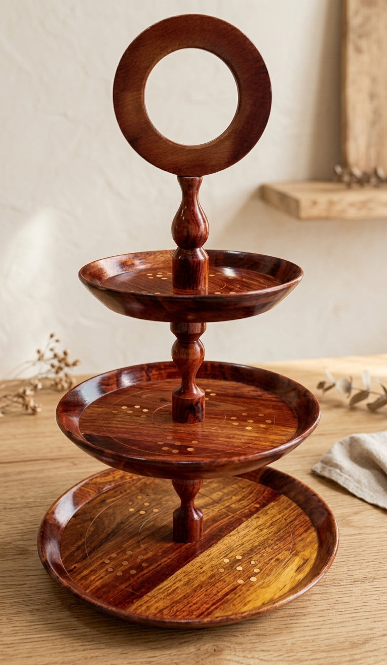 3-Tier Wooden Cupcake Stand – Handmade Sheesham Wood | Zaylwood