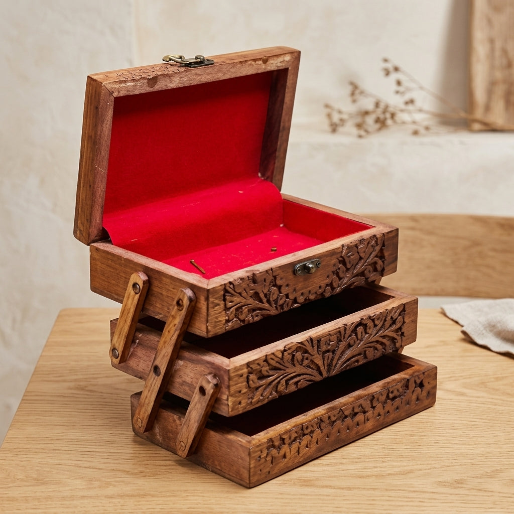 3-Tier Wooden Jewellery Box – Handmade Sheesham Wood | Zaylwood