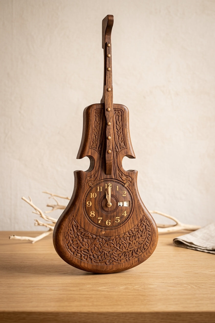 Vintage Violin-Shaped Wall Clock – Carved Handmade Sheesham Wood | Zaylwood