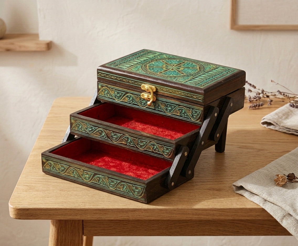 Multi-Layer Wooden Jewellery Box – Handmade Sheesham Wood | Zaylwood